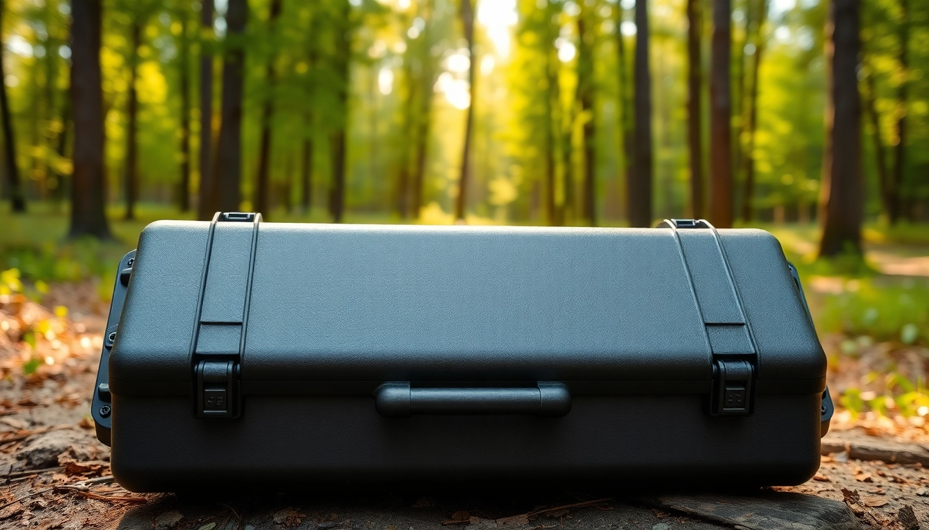 Showcasing a pelican gun case for sale in a scenic outdoor setting, highlighting its rugged durability.