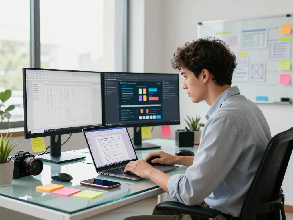 Young professional using WPS Office in a modern workspace.