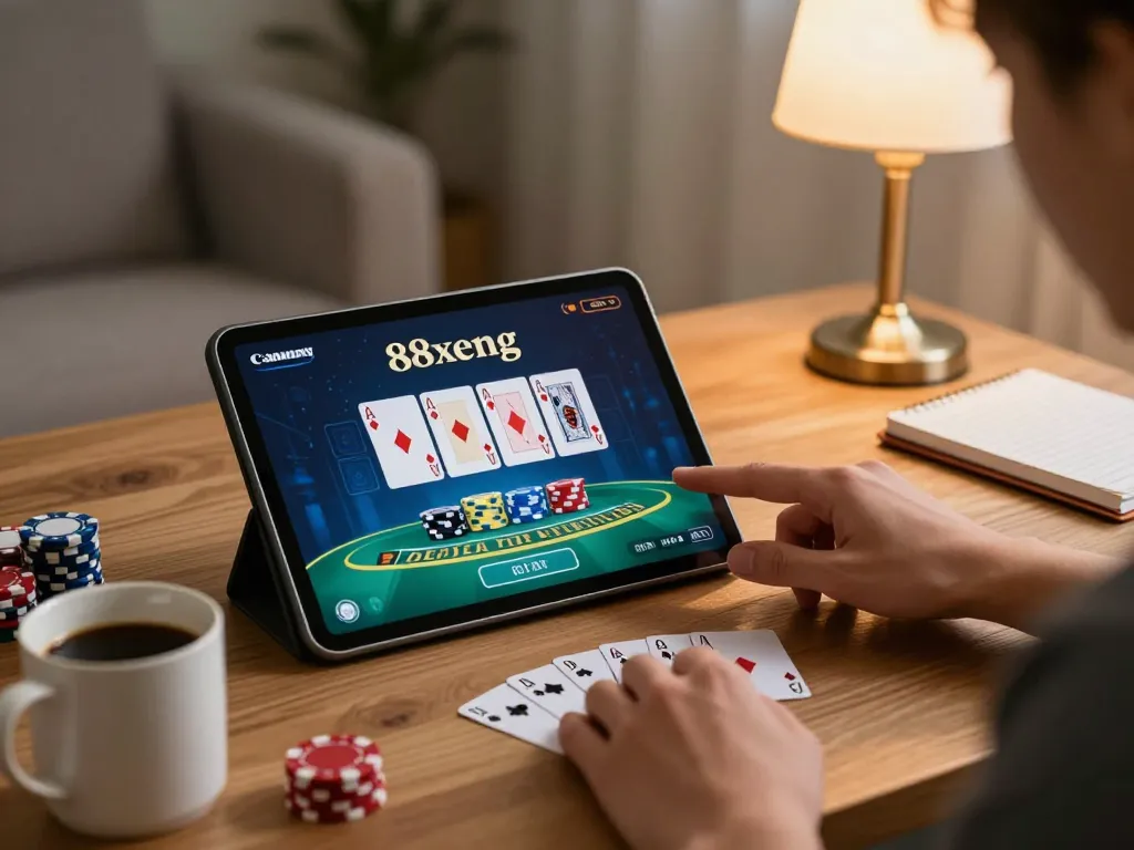 Player enjoying a game of blackjack on 88xeng, showcasing strategy and engagement in a cozy home setting.