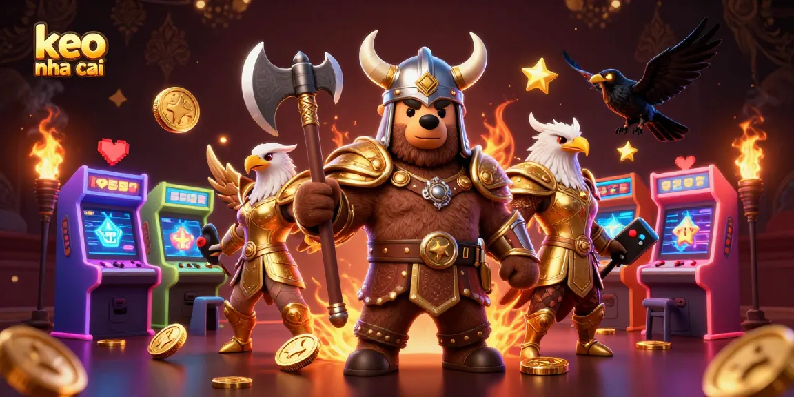Engage in exciting keo nha cai action with a Viking bear, Valkyrie eagle, and glowing game machines.