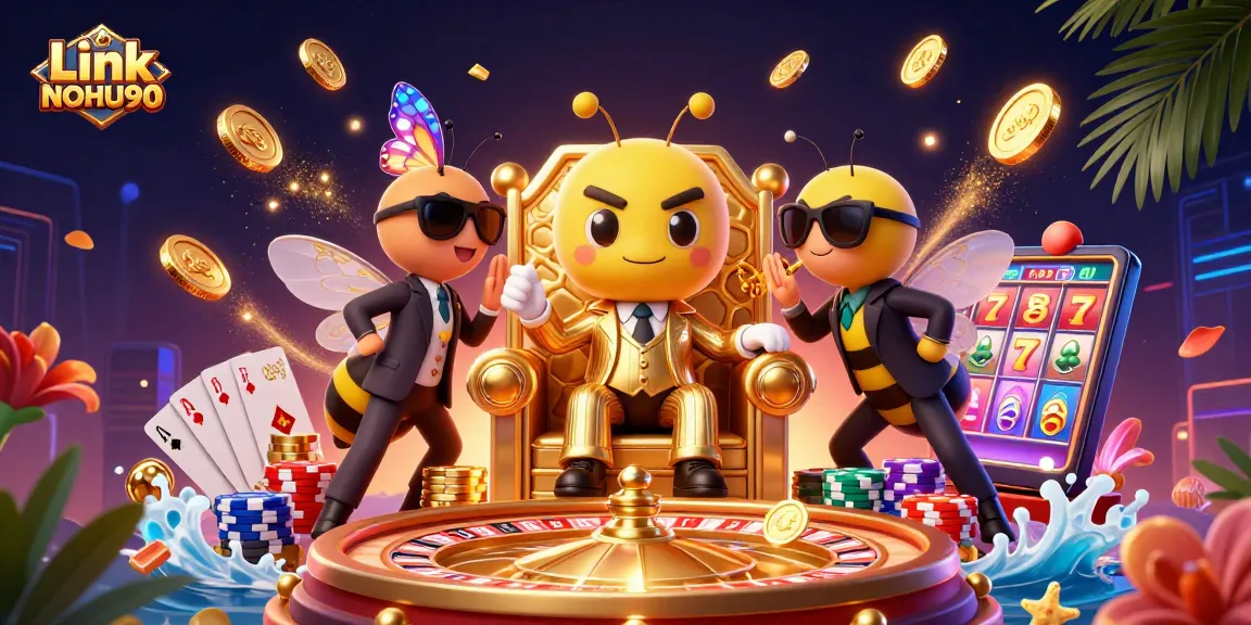 Engage with Link NOHU90 in an ultra-detailed casino scene showing exciting slots, poker, and roulette dynamics.