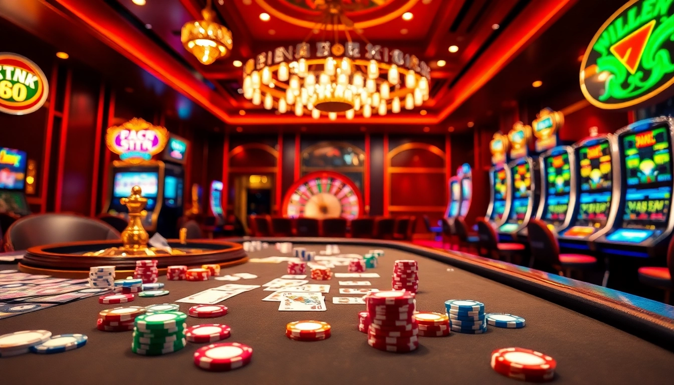 Experience the thrill of high-stakes gaming at Trang chủ F168 with vibrant poker tables and a dazzling roulette wheel.