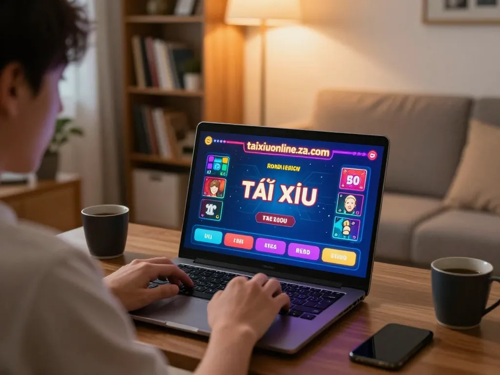 Player engaging in Tài Xỉu game on taixiuonline.za.com from home, showcasing excitement in a cozy setting.