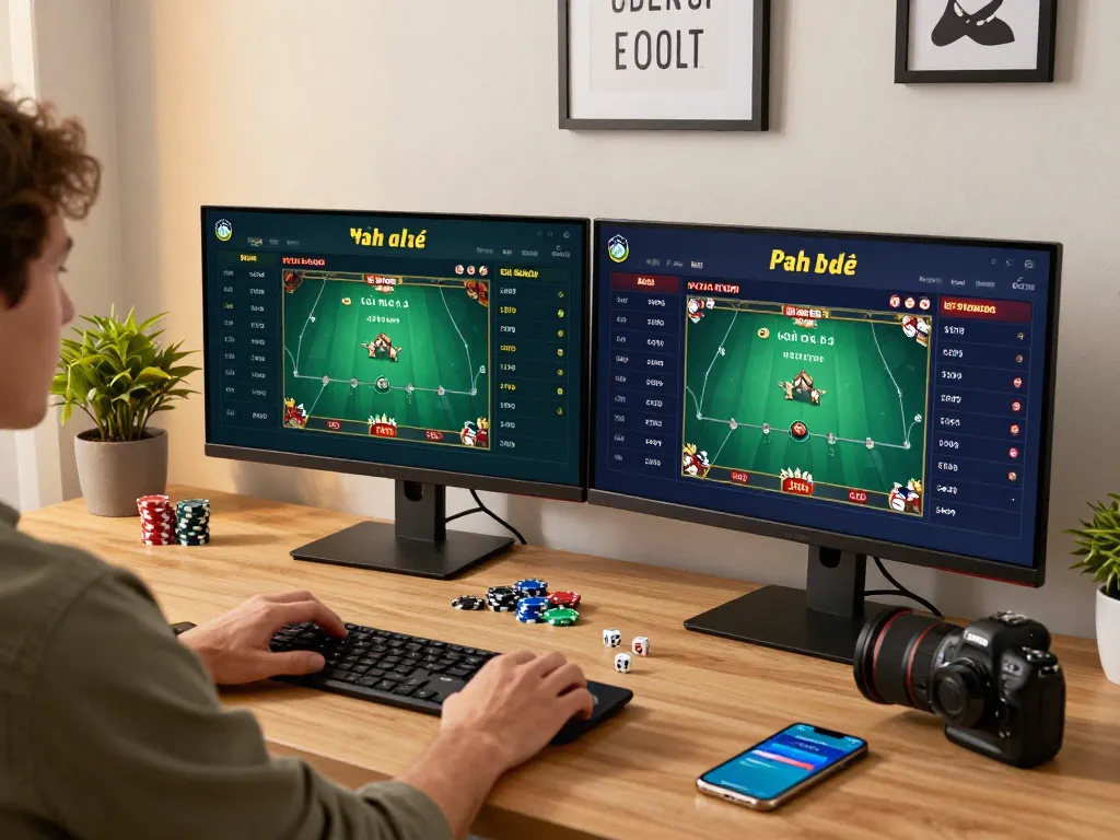 Engaging scene of đánh đề online with dual monitors displaying betting odds, poker chips, and a cozy home office.