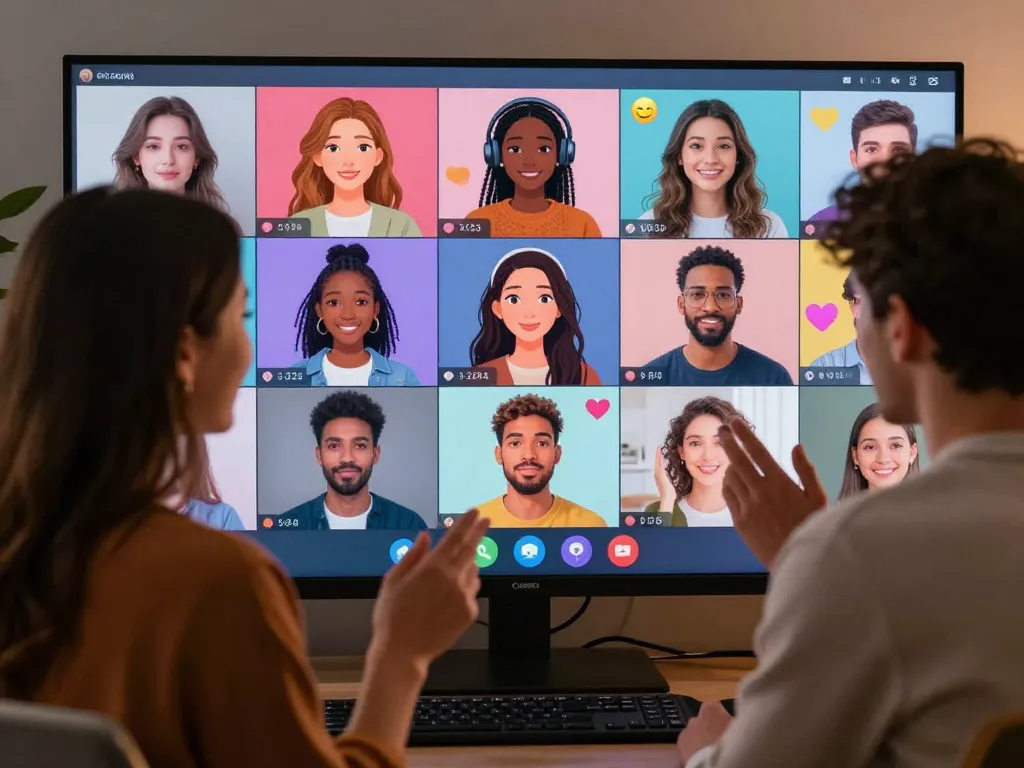 A couple engaging in playful porn chat ai interaction with personalized avatars and high-tech interface.