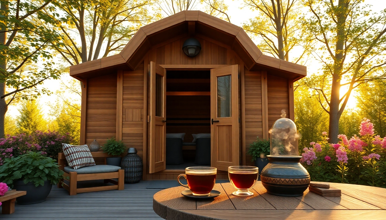 Beautiful outdoor sauna for sale surrounded by lush greenery and serene atmosphere.