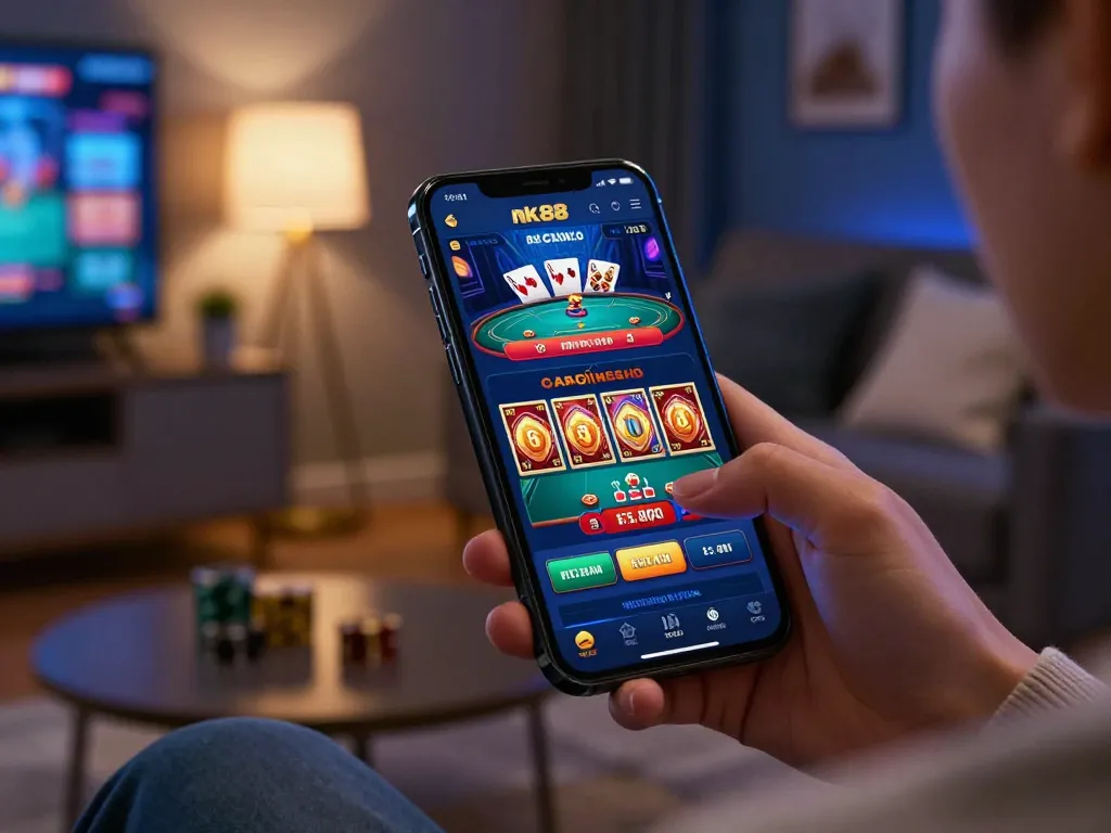 Engaging mobile gaming session with nk88 casino app showcasing vibrant poker and slots graphics.