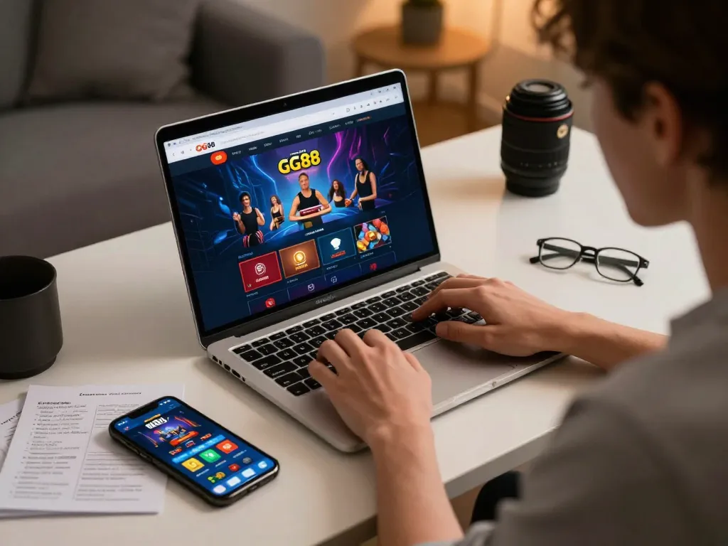 Engaged player exploring GG88's online casino platform on a stylish laptop.