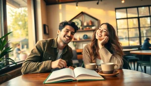 Young couple in a coffee shop enjoying their crush on each other, surrounded by warm ambiance.