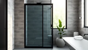 Elegant black shower door featured in a modern bathroom setting with sleek design elements.