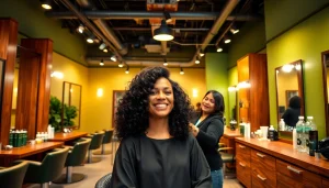 Perm san diego: A professional stylist gives a perm to a happy client in a vibrant salon.