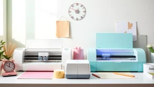 Side-by-side comparison of Silhouette vs Cricut cutting machines, showcasing features and creative workspace.