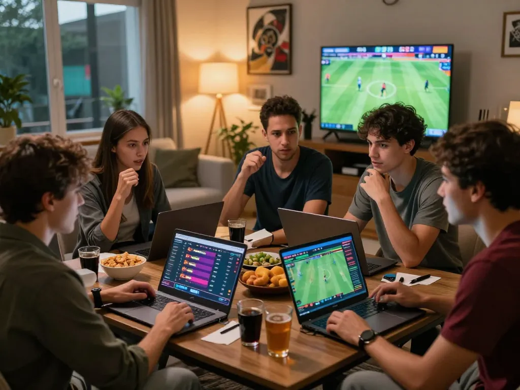 Group of friends discussing 1xbet betting strategy while watching esports matches.