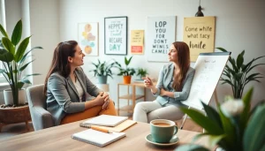 Engaging career coaching session in a bright office with motivational elements.