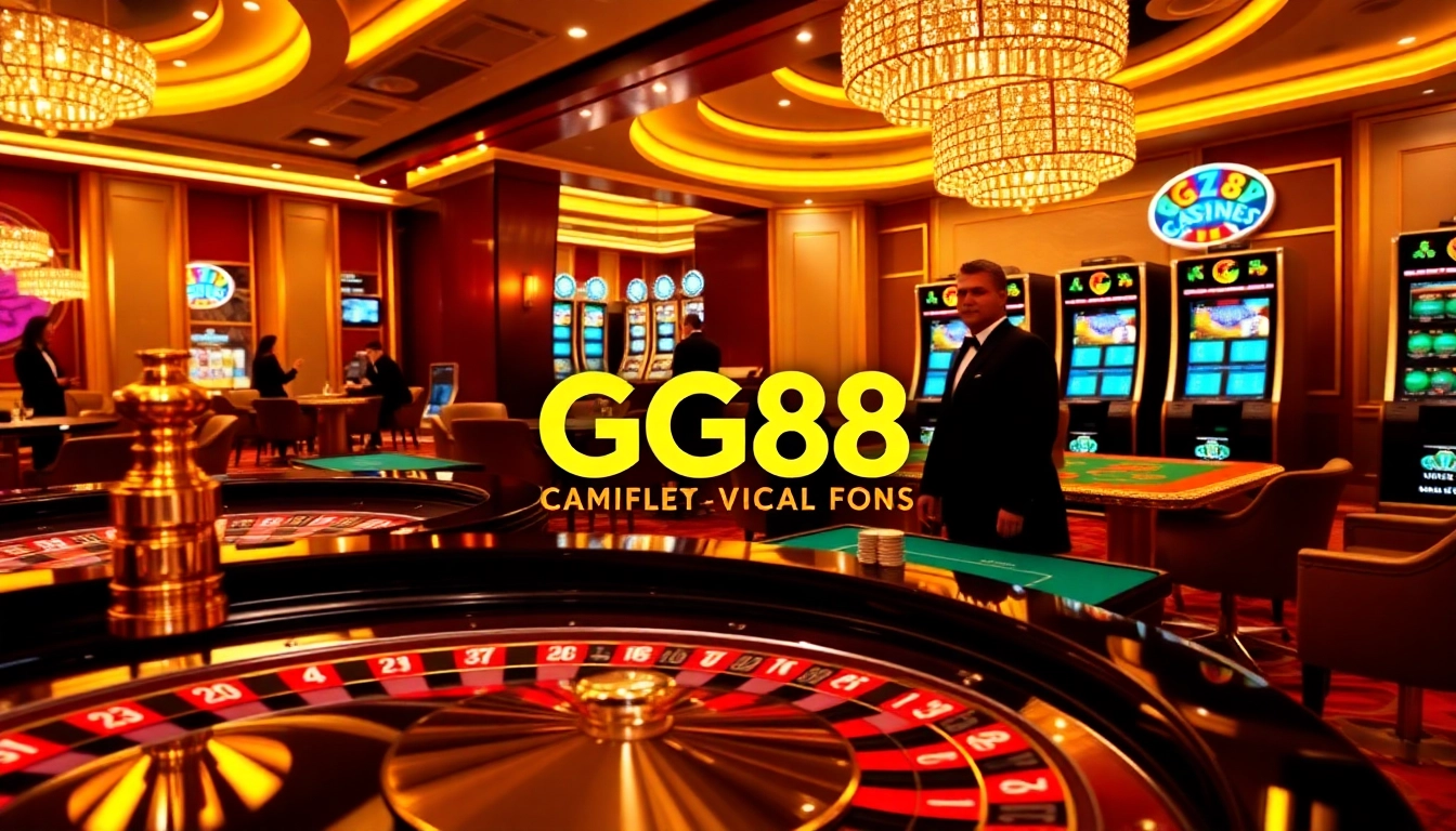 Exciting scene showcasing GG88 at a luxurious casino with roulette, poker, and slot machines.