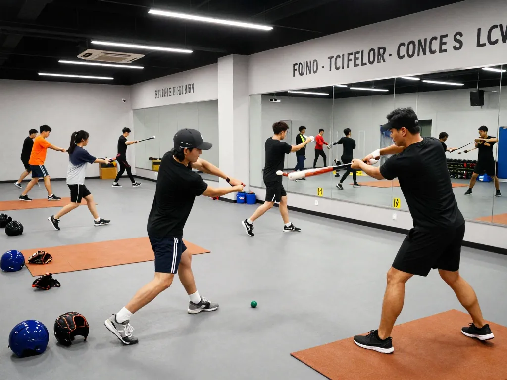 Young athletes practicing baseball swings at hitclub training facility