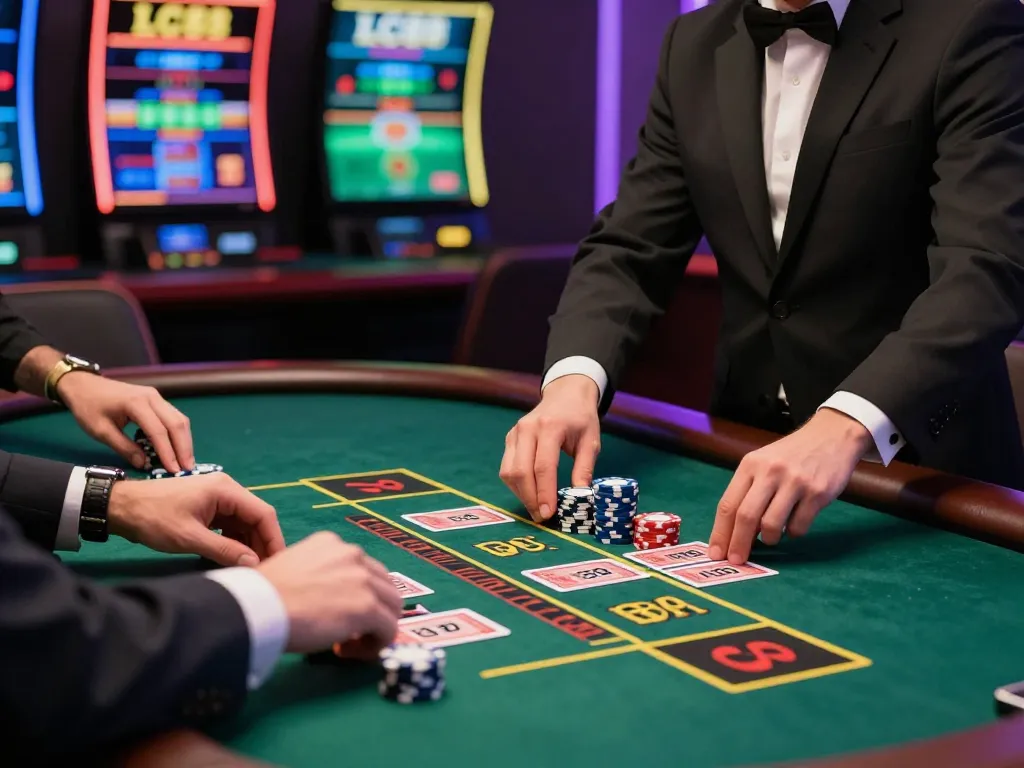 Exciting gameplay at LC88 with players strategically placing bets at a live dealer blackjack table, creating a thrilling online casino atmosphere.