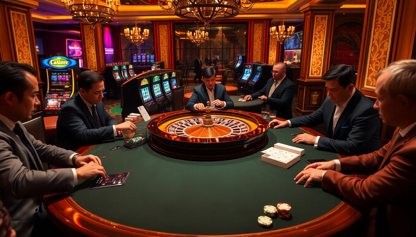Engaging scene at pg88 casino with players around a roulette table and vibrant slot machines.
