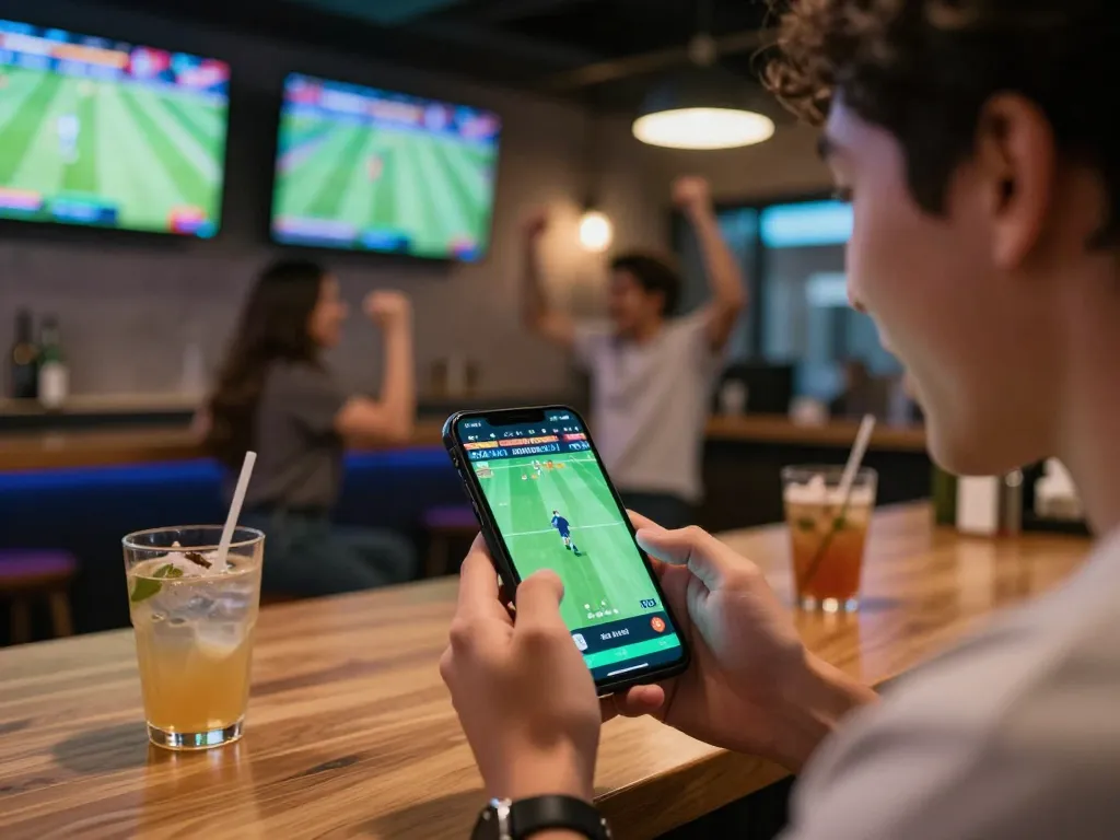 Engaged sports bettor analyzing soi keo nha cai odds on a mobile app in a lively bar atmosphere