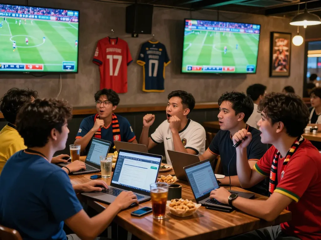 Excited fans engaging in Judi Bola at a sports bar with drinks and laptops.