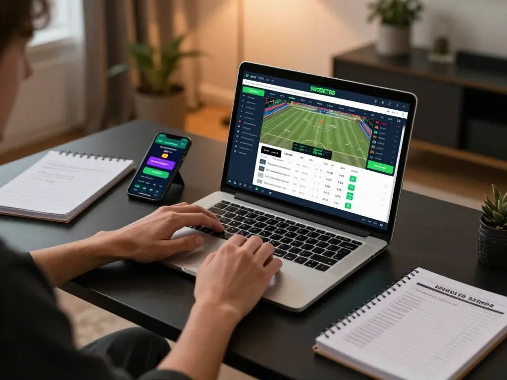 Antarmuka taruhan olahraga SBOBET88 ditampilkan di laptop dalam pengaturan rumah modern, menyoroti seorang gamer yang terlibat.