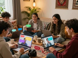 شات فلسطين vibrant online chat with friends enjoying virtual conversations in a cozy setting.