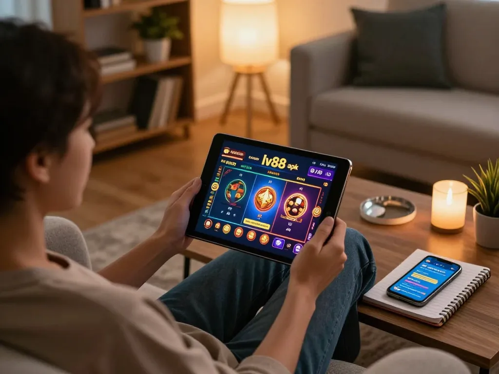Engaging gaming session with the lv88 apk displayed on tablet, blending entertainment and strategy in a cozy home setting.