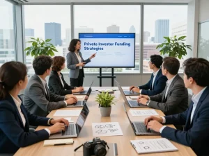 Engaged professionals discussing Private investor funding strategies in a modern conference room.