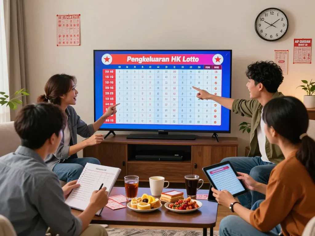 Seorang kelompok teman dengan antusias menyaksikan hasil Pengeluaran HK Lotto di layar besar dalam suasana ruang tamu yang hangat.