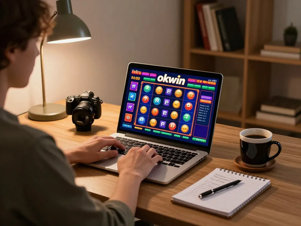 Engaging in okwin online slots at a stylish home gaming setup, illustrating responsible casino entertainment.