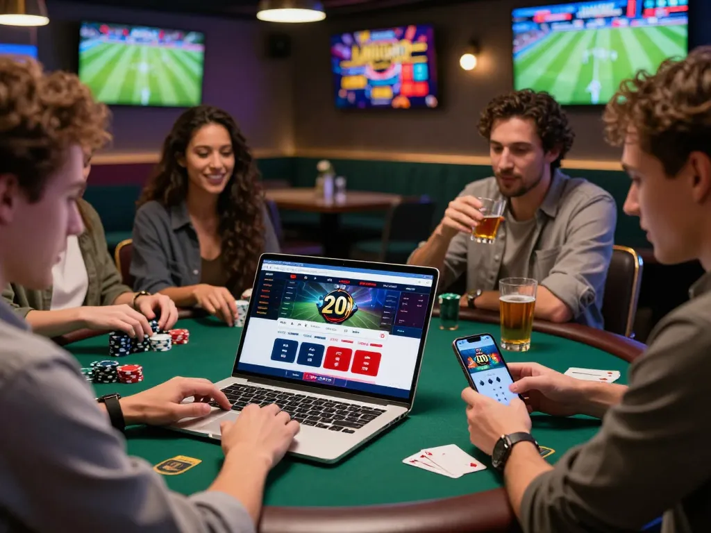 Diverse gamblers enjoying a stylish online betting experience at OKFUN, with laptops and sports statistics.