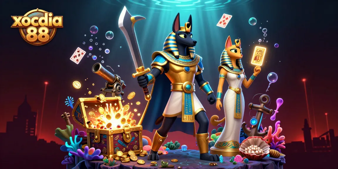 Xocdia 88 showcases an exciting 3D illustration featuring Anubis and Bastet amid underwater treasures, enhancing the gaming experience.