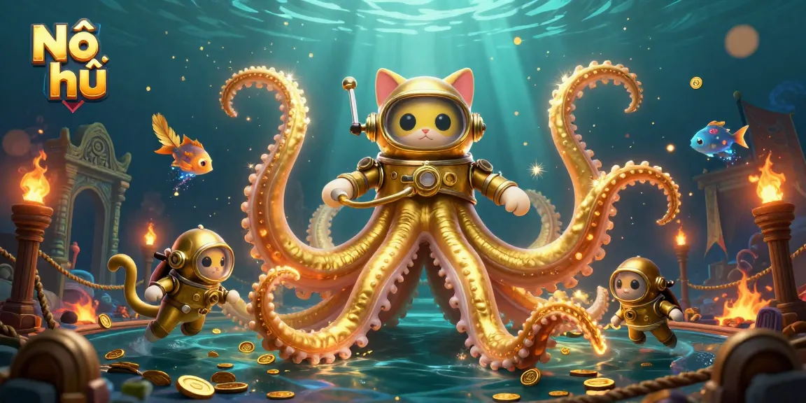 Nổ hũ brings excitement with a kraken and diving cat, illustrating thrilling jackpot gameplay.