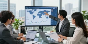 Team of experts discussing worldwide project finance lending strategies in a modern office.