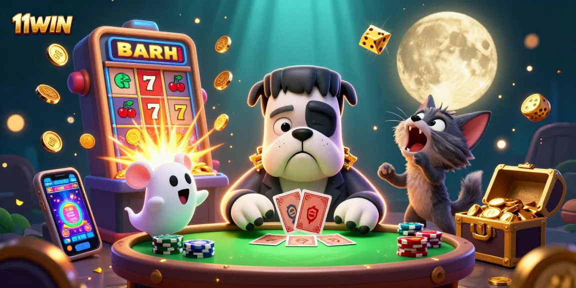 Play exciting casino games with 11WIN featuring a vibrant slot machine and fantastical characters.
