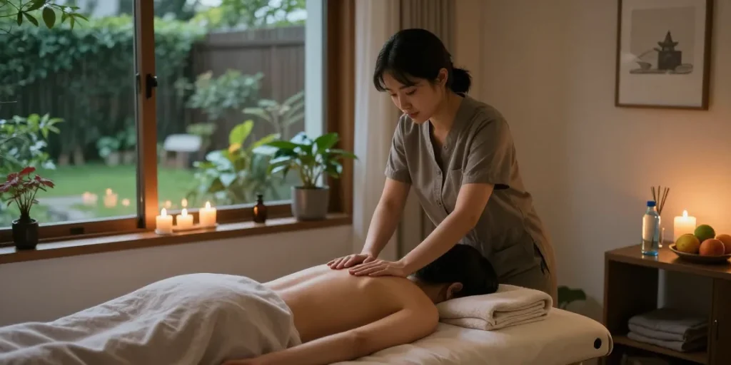 서초출장안마 therapy session in a tranquil residential setting with a therapist and client.