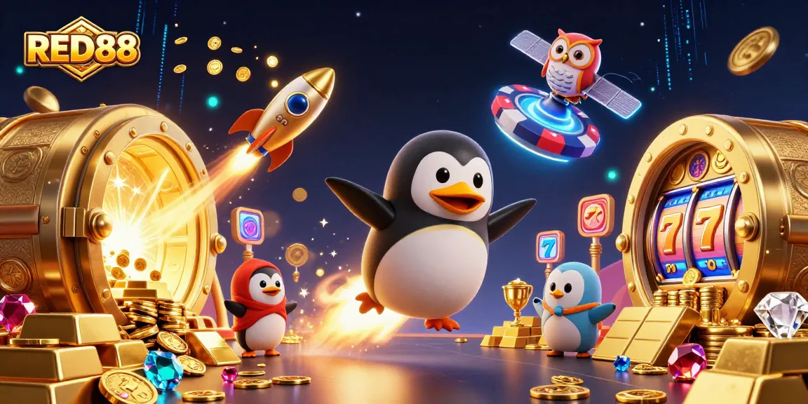 Experience the vibrant world of RED88 casino with a golden penguin, jackpot reels, and shimmering gems!